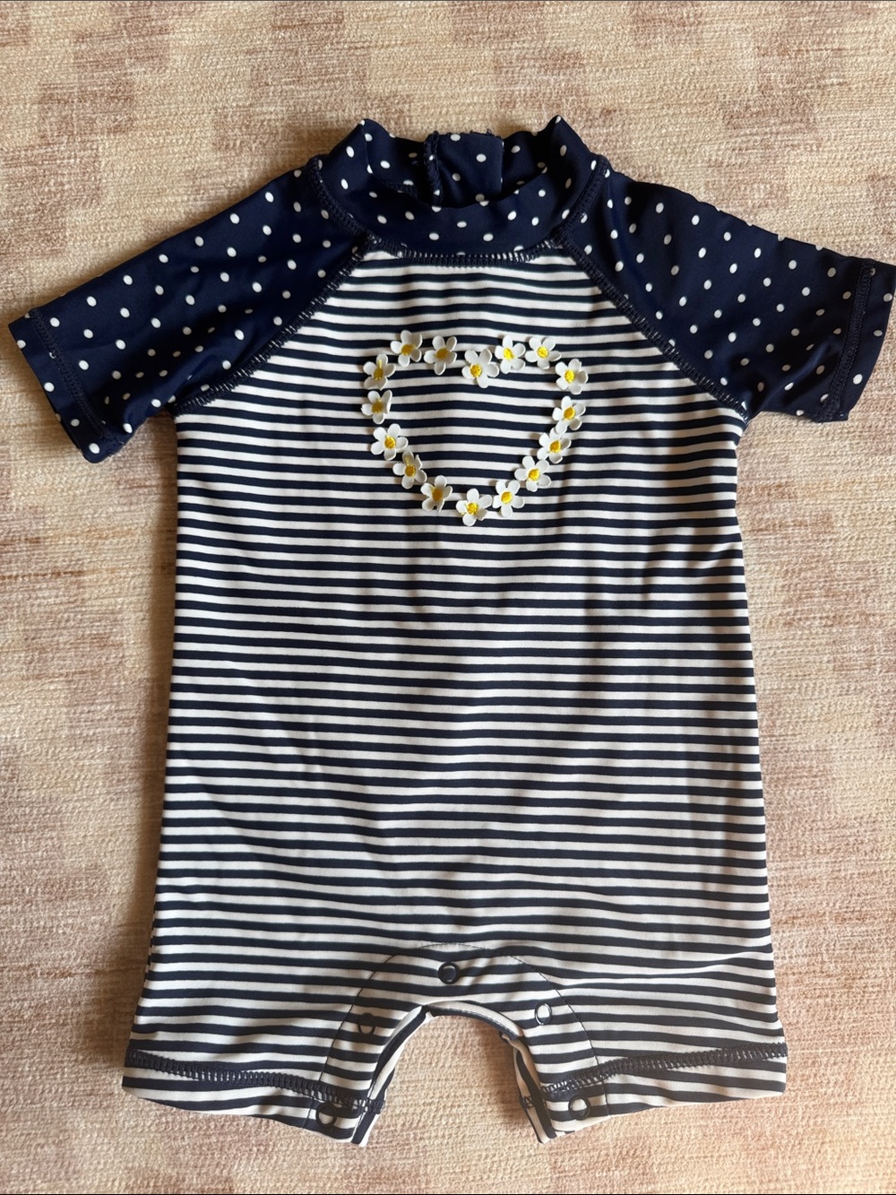 Little Me Navy and White Polka Dot Daisy Baby Rashgaurd Swimsuit size 3-6M